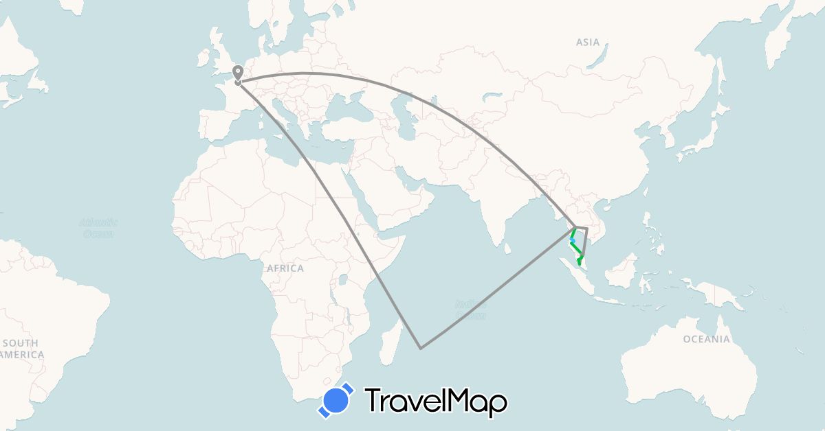 TravelMap itinerary: driving, bus, plane, boat in France, Cambodia, Malaysia, Réunion, Thailand (Africa, Asia, Europe)